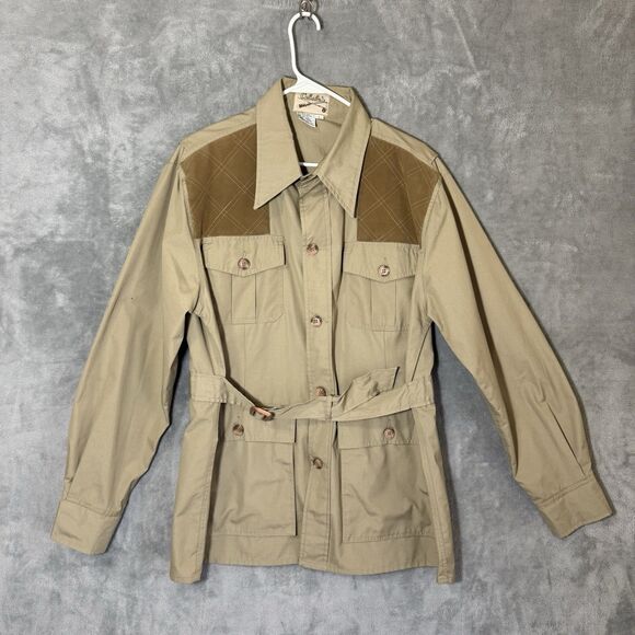 Vintage Cabelas Jacket Mens L Tan Hunting Shooting Fishing Safari Field Belted - Picture 1 of 9